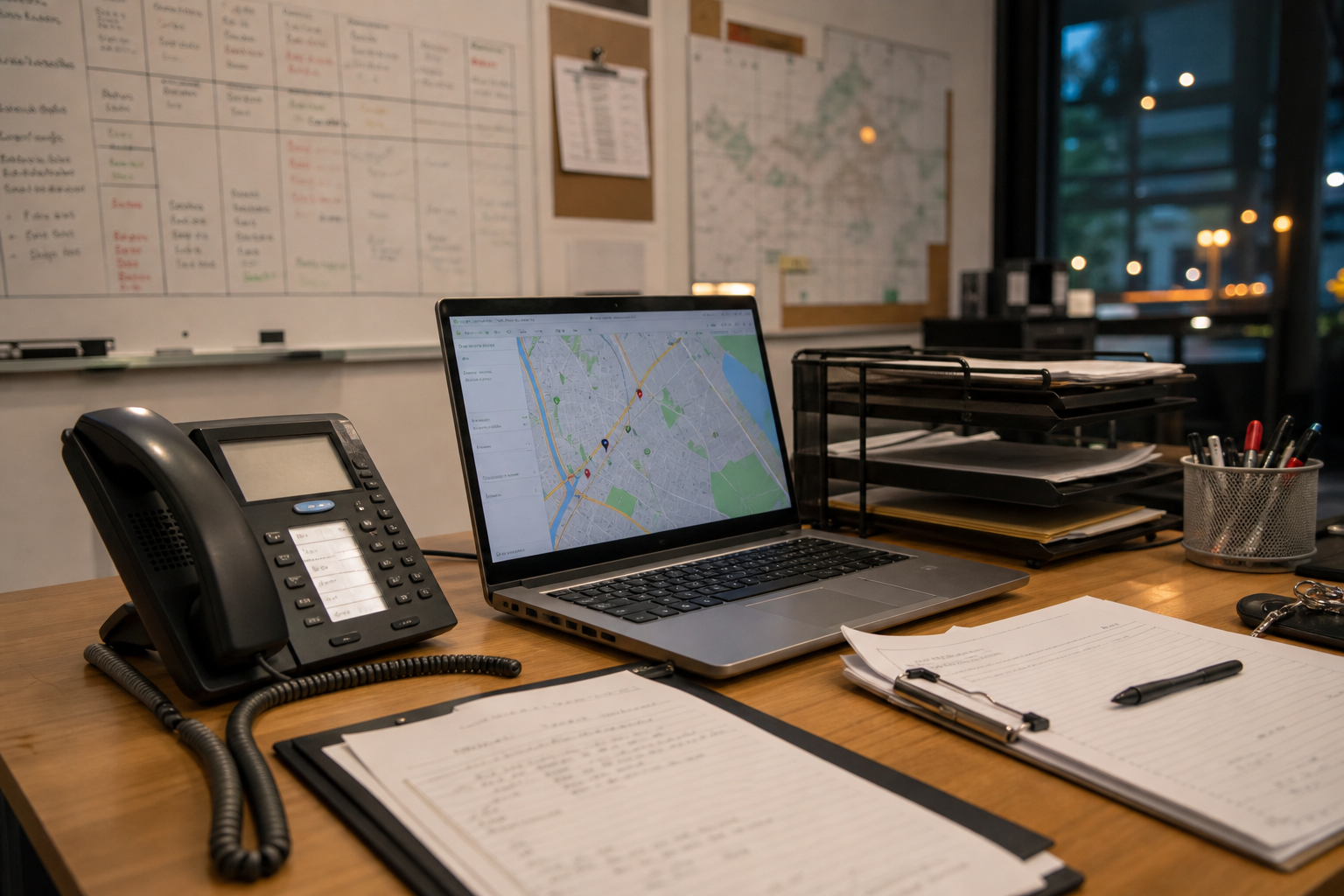 Dispatch desk coordinating emergency board-up and commercial glass service calls