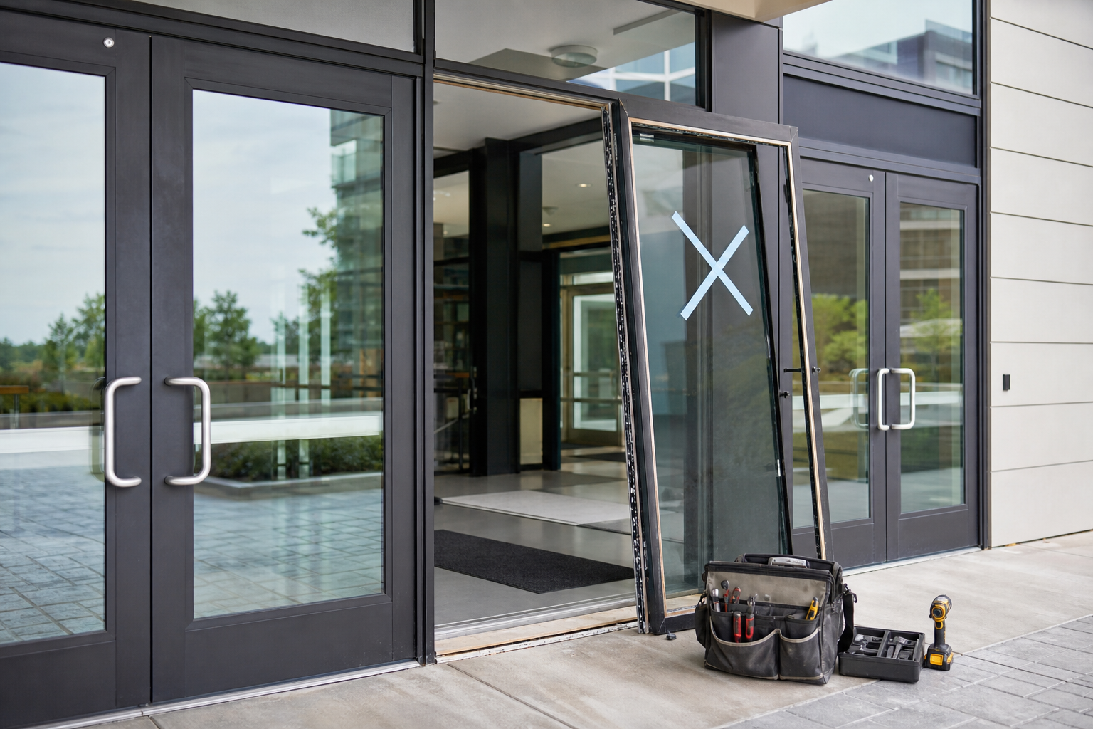 Commercial storefront entrance secured before glass door repair