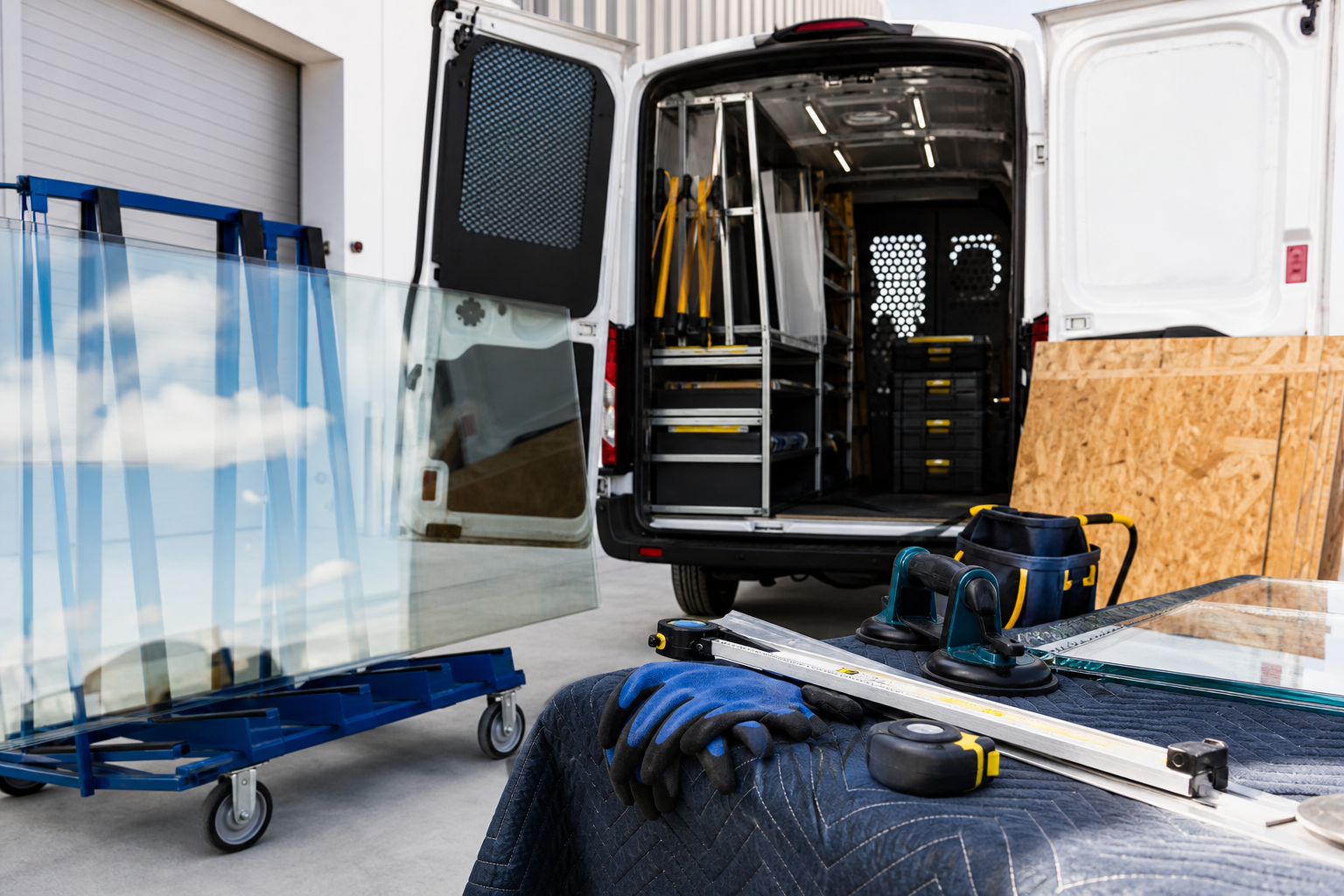 Organized commercial glass and board-up response equipment ready for emergency dispatch